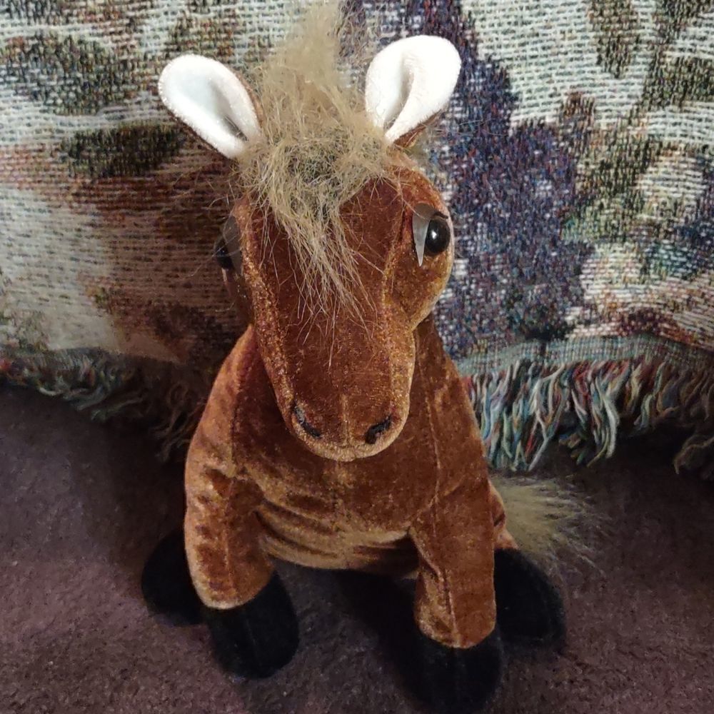 Stuffed sitting 9 inch brown pony horse realistic mane tail black hooves‎